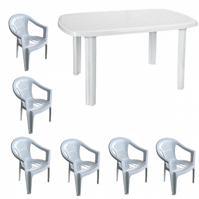 Set gradina RAKI NECOCHEA, masa ovala 125x80cm cu 6 scaune Carnaval 53x45xh78cm, plastic alb