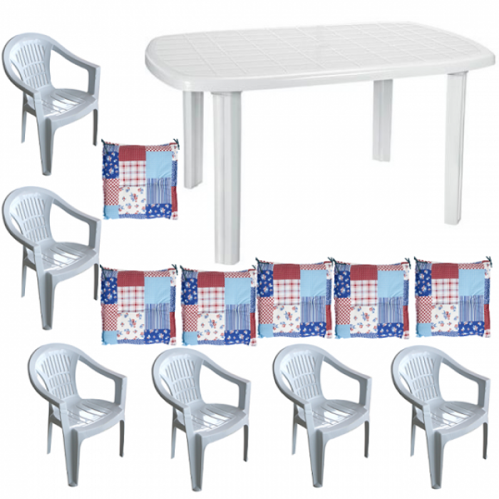 Set gradina RAKI NECOCHEA, masa ovala 125x80cm si 6 scaune Carnaval 53x45xh78cm cu perne, plastic alb