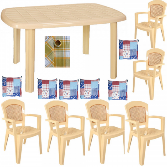 Set gradina RAKI PIERES masa ovala 80x125 cm cu 6 scaune AFRODIT culoare bej, 6 perne scaun,fata de masa B0013467