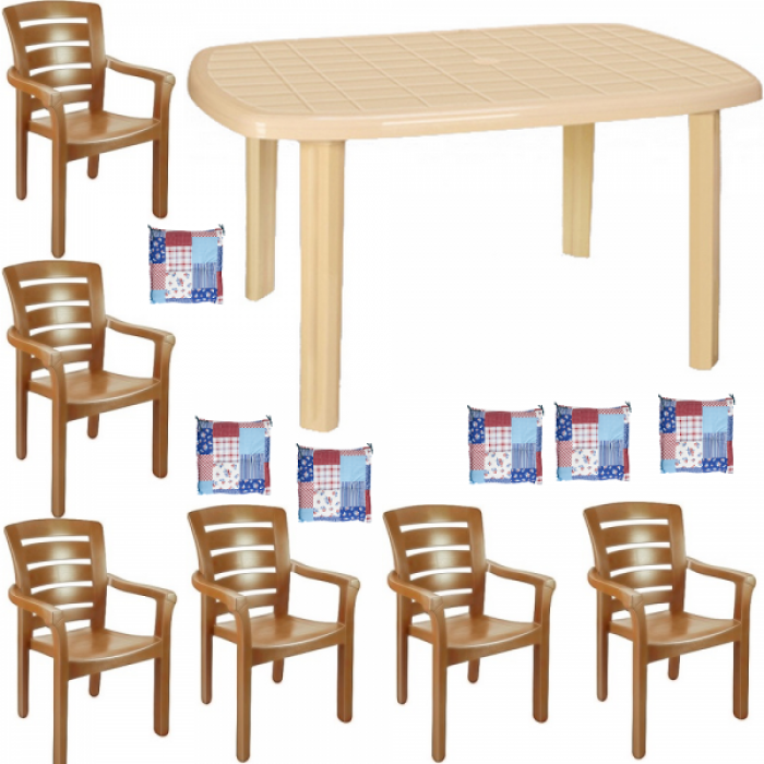 Set gradina RAKI PIERES masa ovala 80x125 cm cu 6 scaune DIDIM 90x56cm culoare bej, 6 perne scaun B0013454