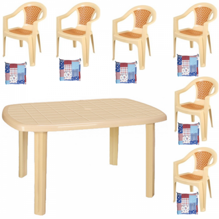 Set gradina RAKI PIERES masa ovala 80x125 cm cu 6 scaune ELIT 80x55cm culoare bej, 6 perne scaun B0013472