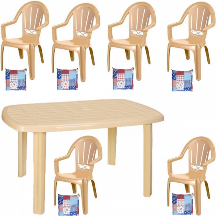 Set gradina RAKI PIERES masa ovala 80x125 cm cu 6 scaune MILAS 89x53cm culoare bej, 6 perne scaun B0013460