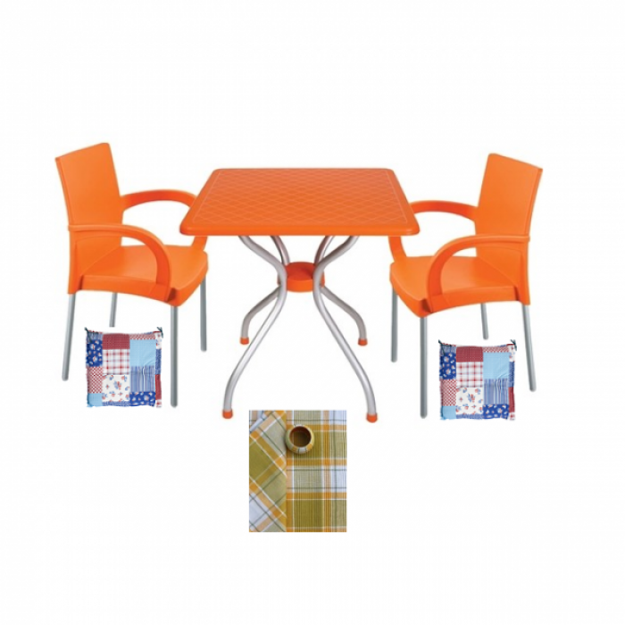 Set gradina,bistro,cafenea RAKI ALFA masa 70x70 2 scune SUMELA culoare orang,perne scaun,fata de masa B005057