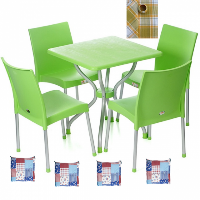 Set gradina,bistro,cafenea RAKI ALFA masa 70x70 4 scune ASOS culoare verde,perne scaun,fata de masa B005030
