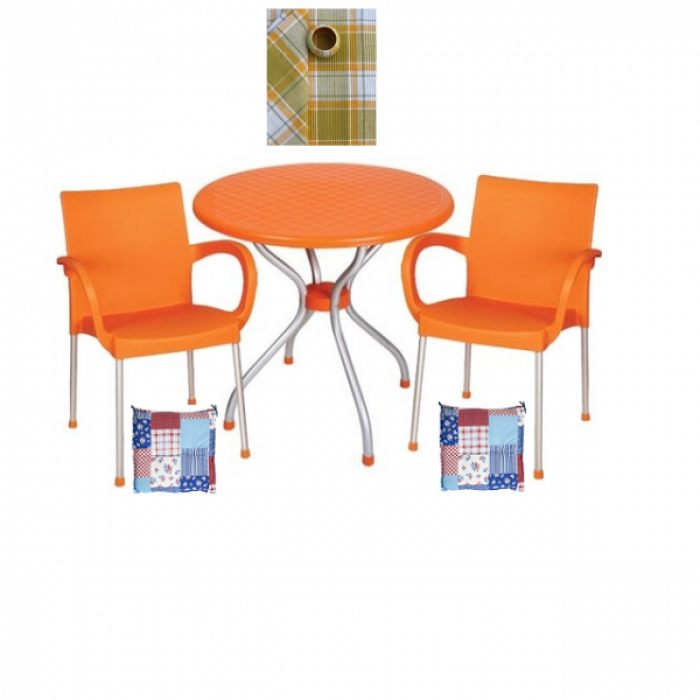 Set gradina,bistro,cafenea RAKI ALFA masa rotunda 80cm cu 2 scune SUMELA culoare orang,perne scaun,fata de masa B005146