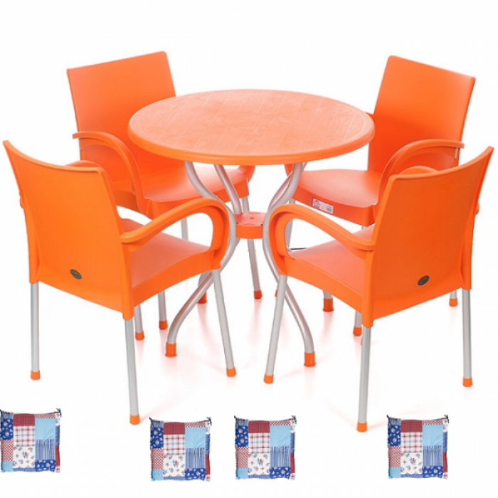 Set gradina,bistro,cafenea RAKI ALFA masa rotunda 80cm cu 4 scune SUMELA culoare orange,perne scaun B005148