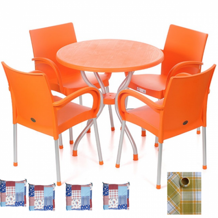 Set gradina,bistro,cafenea RAKI ALFA masa rotunda 80cm cu 4 scune SUMELA culoare orange,perne scaun,fata de masa B005149