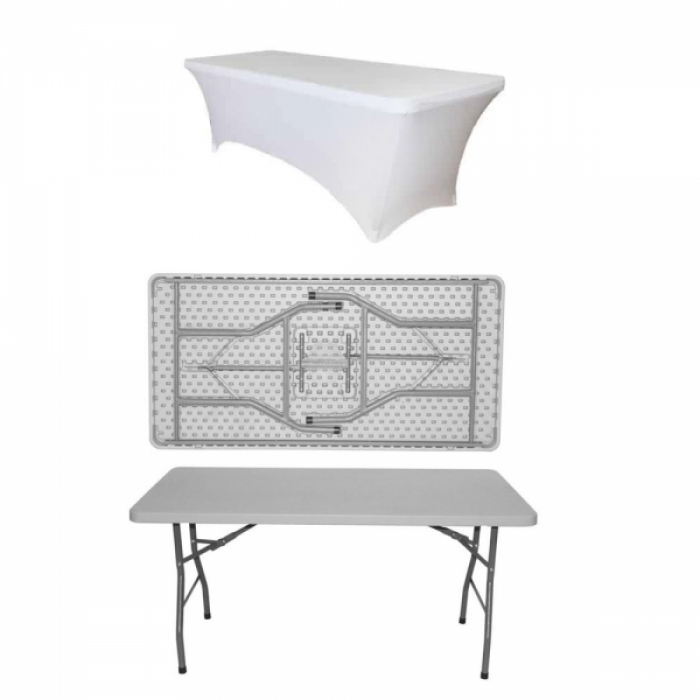 Set masa plianta dreptunghiulara 180x76xh73,5cm cu blat complet, catering evenimente RAKI cu husa alba