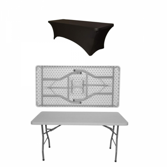 Set masa plianta dreptunghiulara 180x76xh73,5cm cu blat complet, catering evenimente RAKI cu husa neagra