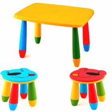 Set mobila copii masa MASHA dreptunghiulara 72,5x57cm culoare galbena cu 2 scaune URSULET albastru rosu RK0010152