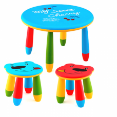 Set mobilier copii RAKI, plastic, masa rotunda SLANTE D70xh47cm albastra cu 2 scaune URSULET albastru si rosu