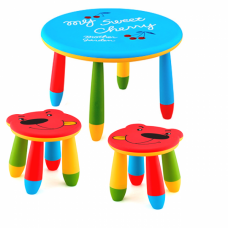 Set mobilier copii RAKI, plastic, masa rotunda SLANTE D70xh47cm albastra cu 2 scaune URSULET rosii