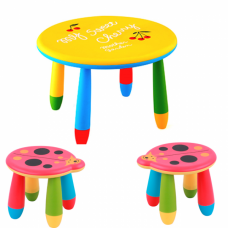 Set mobilier copii RAKI, plastic, masa rotunda SLANTE D70xh47cm galbena cu 2 scaune Kalinca rosii