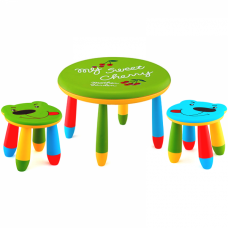 Set mobilier copii RAKI, plastic, masa rotunda SLANTE D70xh47cm verde cu 2 scaune URSULET verde si albastru