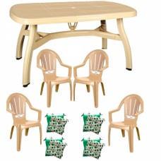 Set mobila gradina RAKI, masa King 150x90xh73cm si 4 scaune Milas 53x50x89cm cu perne, plastic bej