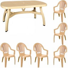 Set mobila gradina RAKI, masa King 150x90xh73cm cu 6 scaune Milas 53x50xh89cm, plastic bej