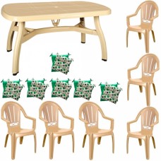 Set mobila gradina RAKI, masa King 150x90xh73cm si 6 scaune Milas 53x50x89cm cu perne, plastic bej