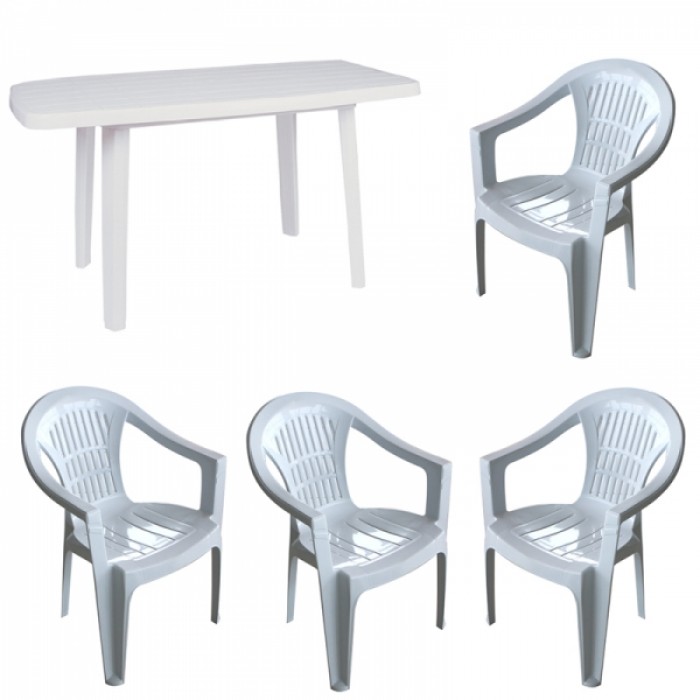 Set mobilier gradina RAKI, masa Mutum 140x80xh72cm cu 4 scaune Carnaval 53x45xh78cm, plastic alb