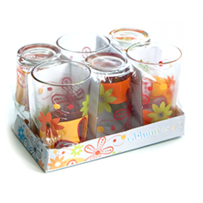 Set pahare 6 buc cu decor flori orange, bauturi racoritoare
