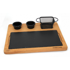 Set servire RAKI platou lemn 38x32xh1,5cm, platou ardezie 1/3, 2 boluri sos si cos servire cartofi