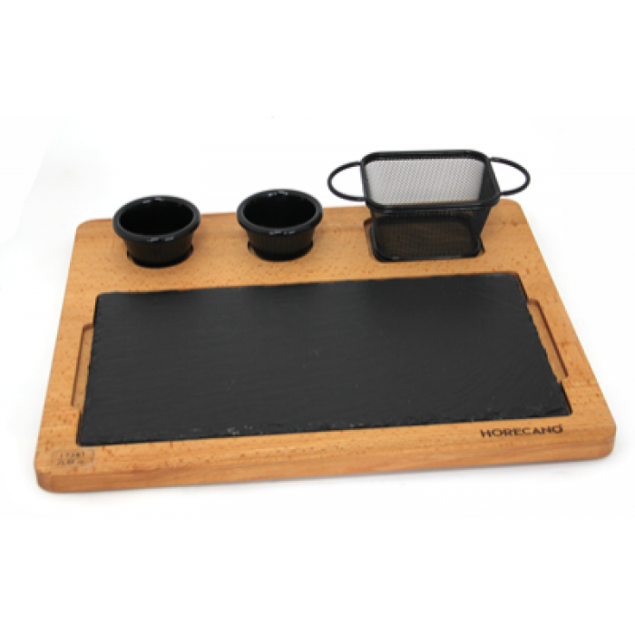 Set servire RAKI platou lemn 38x32xh1,5cm, platou ardezie 1/3, 2 boluri sos si cos servire cartofi