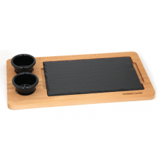 Set servire RAKI platou lemn 44x22xh1,5cm, platou ardezie 26,5x16,2cm si 2 boluri sos