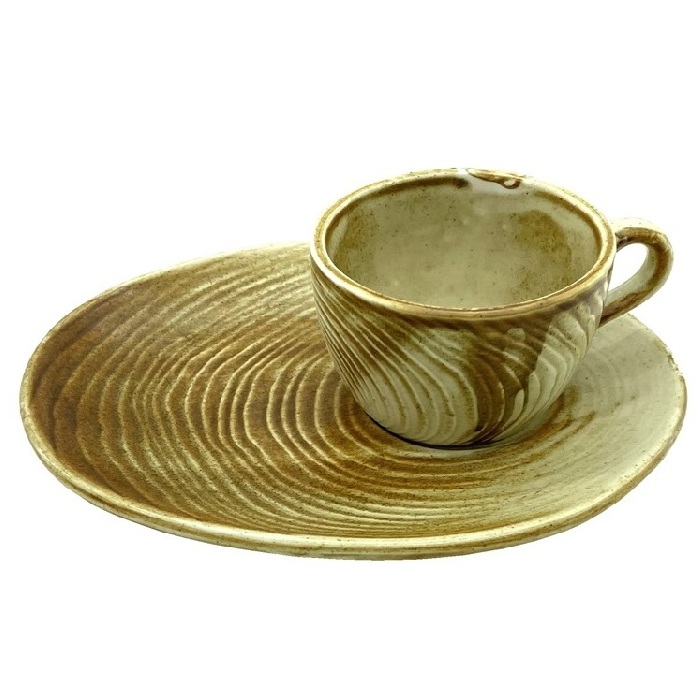 Set 2 cesti cu farfurioare ondulate Culinaro Sahara pentru cafea 200ml din portelan 