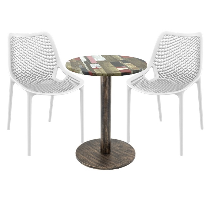 Set 2 scaune London Air albe cu masa rotunda 60x74cm Raki MAPLE blat werzalit si picior metalic,baza rotunda, antichizat