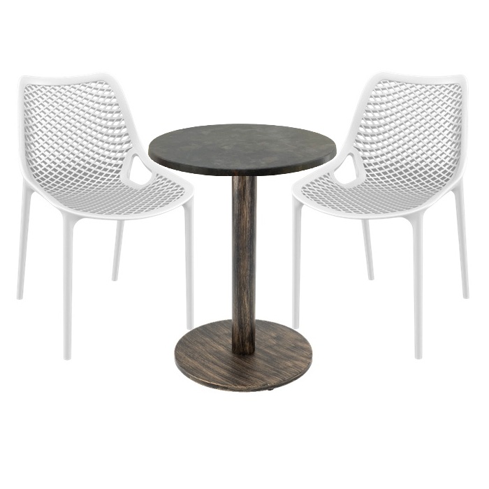 Set 2 scaune London Air albe cu masa rotunda 60x74cm Raki MAPLE blat werzalit si picior metalic,baza rotunda, antichizat