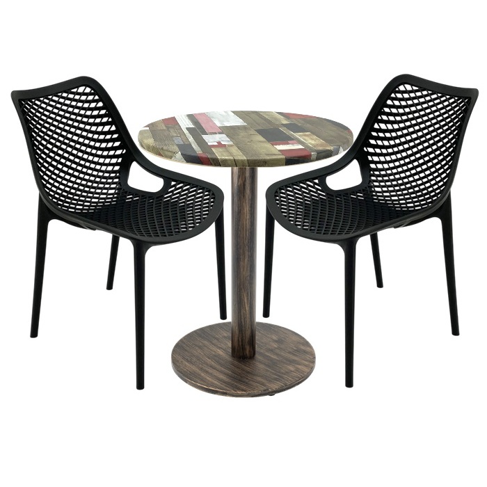 Set 2 scaune London Air negru suprapozabile cu masa rotunda 60x72cm Raki MAPLE blat werzalit si picior metalic,baza rotunda, antichizat