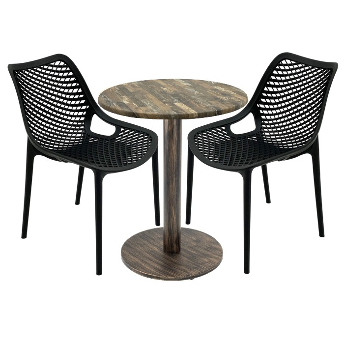 Set 2 scaune London Air negru suprapozabile cu masa rotunda 60x72cm Raki MAPLE blat werzalit si picior metalic,baza rotunda, antichizat