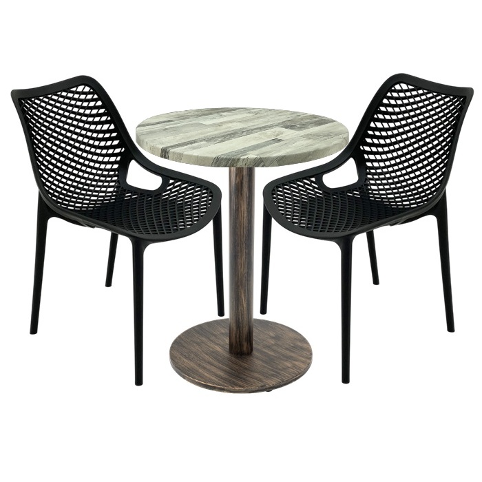 Set 2 scaune London Air negru suprapozabile cu masa rotunda 60x72cm Raki MAPLE blat werzalit si picior metalic,baza rotunda, antichizat