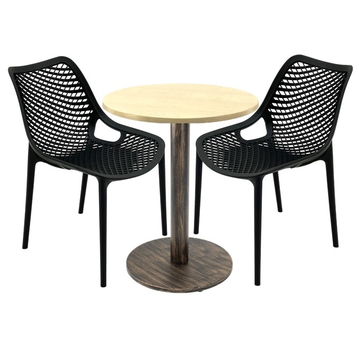 Set 2 scaune London Air negru suprapozabile cu masa rotunda 60x72cm Raki MAPLE blat werzalit si picior metalic,baza rotunda, antichizat