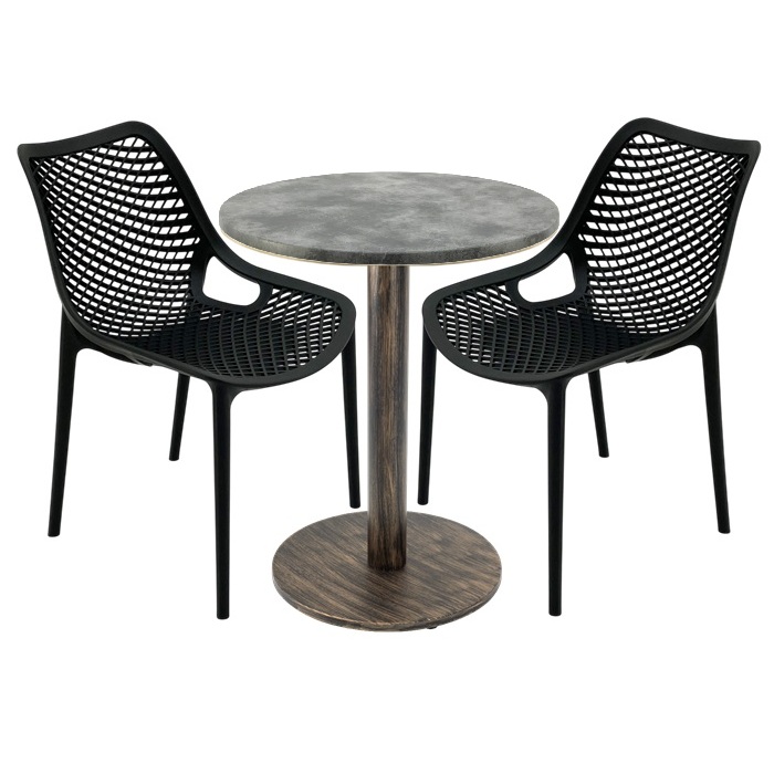 Set 2 scaune London Air negru suprapozabile cu masa rotunda 60x72cm Raki MAPLE blat werzalit si picior metalic,baza rotunda, antichizat