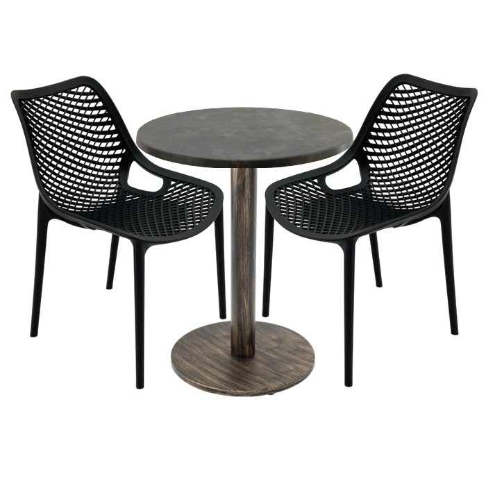 Set 2 scaune London Air negru suprapozabile cu masa rotunda 60x72cm Raki MAPLE blat werzalit si picior metalic,baza rotunda, antichizat