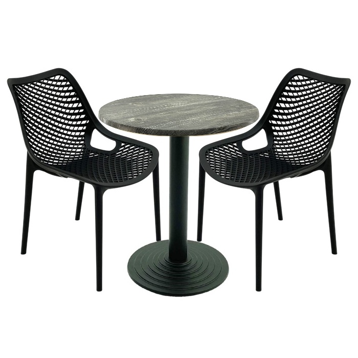 Set 2 scaune London Air negru suprapozabile cu masa rotunda 70x72cm Raki MAPLE blat werzalit si baza fonta 