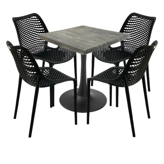 Set 4 scaune London Air negru suprapozabile cu masa patrata 70x70x74cm Raki MAPLE blat werzalit si picior cu baza rotunda,negru