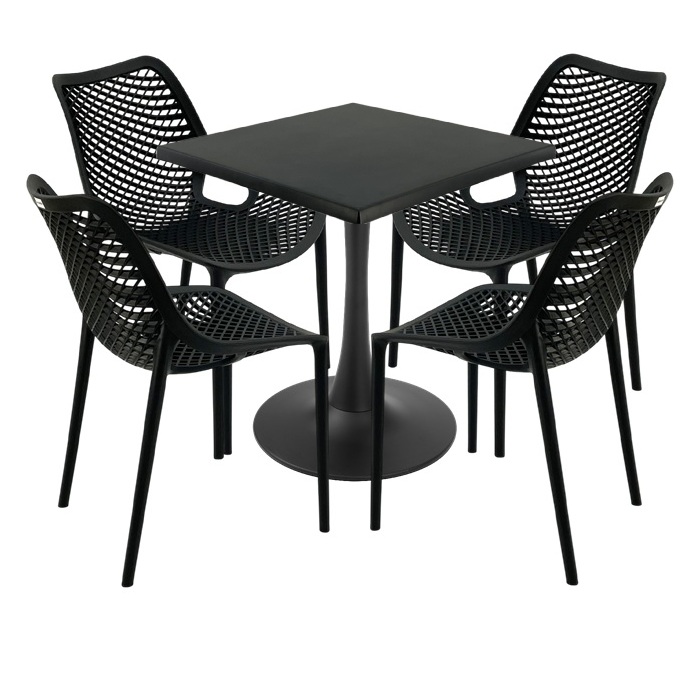 Set 4 scaune London Air negru suprapozabile cu masa patrata 70x70x74cm Raki MAPLE blat werzalit si picior cu baza rotunda,negru
