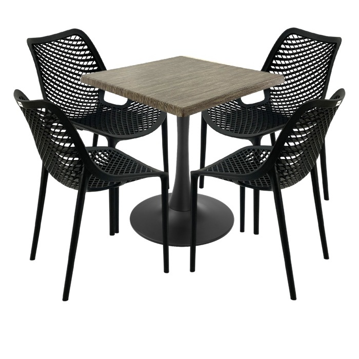 Set 4 scaune London Air negru suprapozabile cu masa patrata 70x70x74cm Raki MAPLE blat werzalit si picior cu baza rotunda,negru