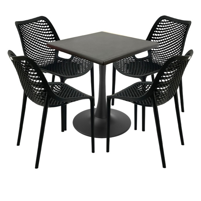 Set 4 scaune London Air negru suprapozabile cu masa patrata 70x70x74cm Raki MAPLE blat werzalit si picior cu baza rotunda,negru