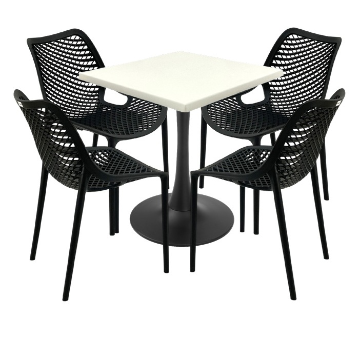 Set 4 scaune London Air negru suprapozabile cu masa patrata 70x70x74cm Raki MAPLE blat werzalit si picior cu baza rotunda,negru