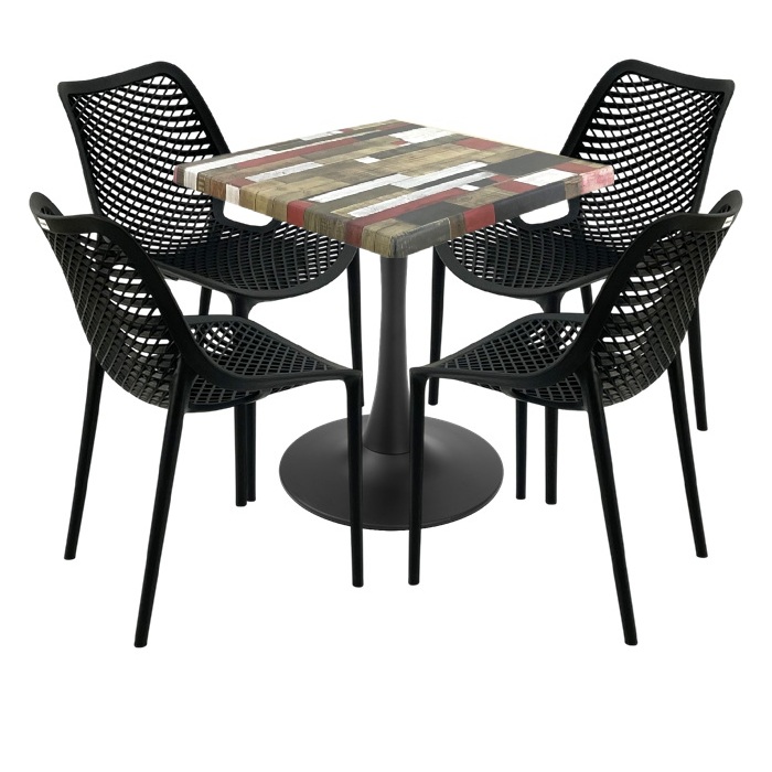 Set 4 scaune London Air negru suprapozabile cu masa patrata 70x70x74cm Raki MAPLE blat werzalit si picior cu baza rotunda,negru
