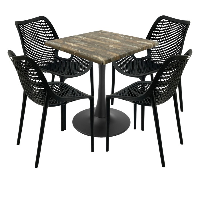 Set 4 scaune London Air negru suprapozabile cu masa patrata 70x70x74cm Raki MAPLE blat werzalit si picior cu baza rotunda,negru