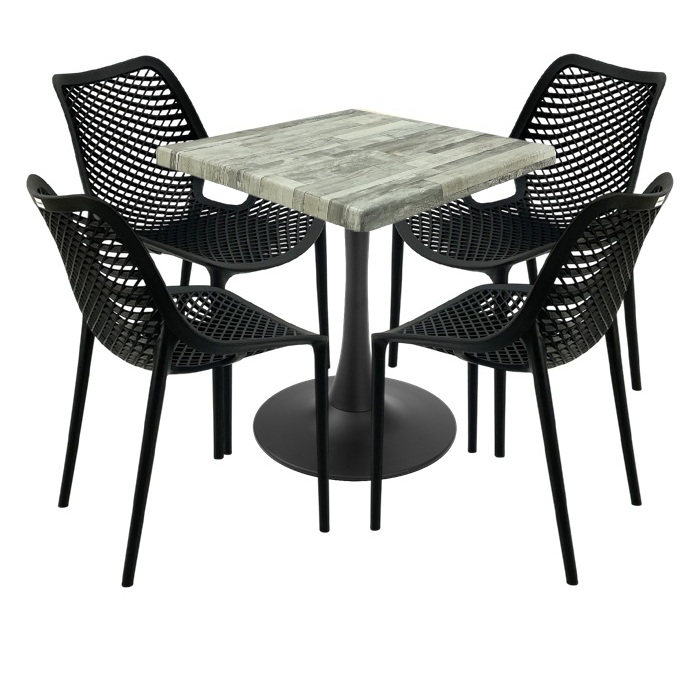 Set 4 scaune London Air negru suprapozabile cu masa patrata 70x70x74cm Raki MAPLE blat werzalit si picior cu baza rotunda,negru