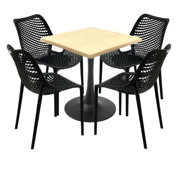 Set 4 scaune London Air negru suprapozabile cu masa patrata 70x70x74cm Raki MAPLE blat werzalit si picior cu baza rotunda,negru