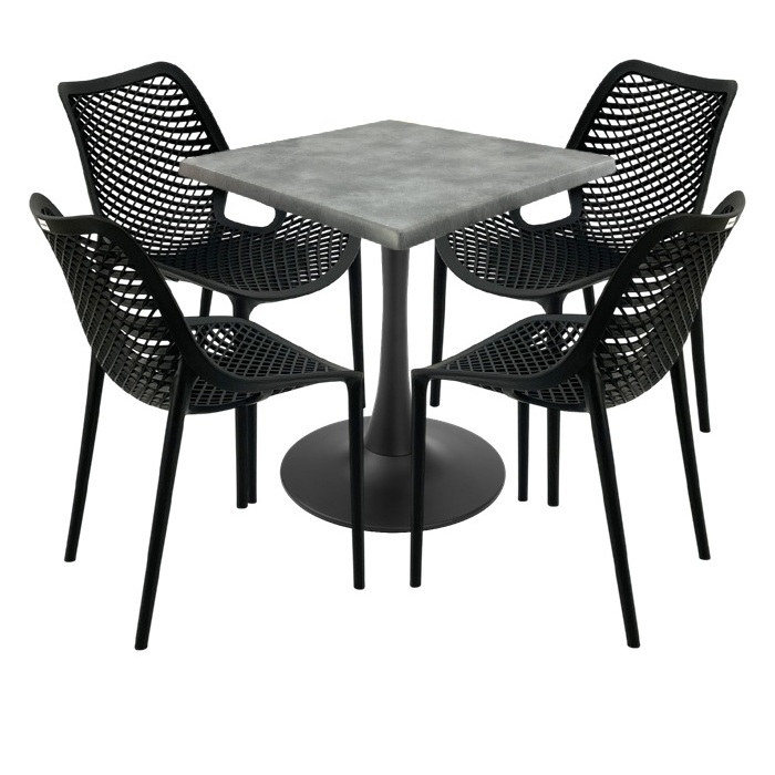 Set 4 scaune London Air negru suprapozabile cu masa patrata 70x70x74cm Raki MAPLE blat werzalit si picior cu baza rotunda,negru