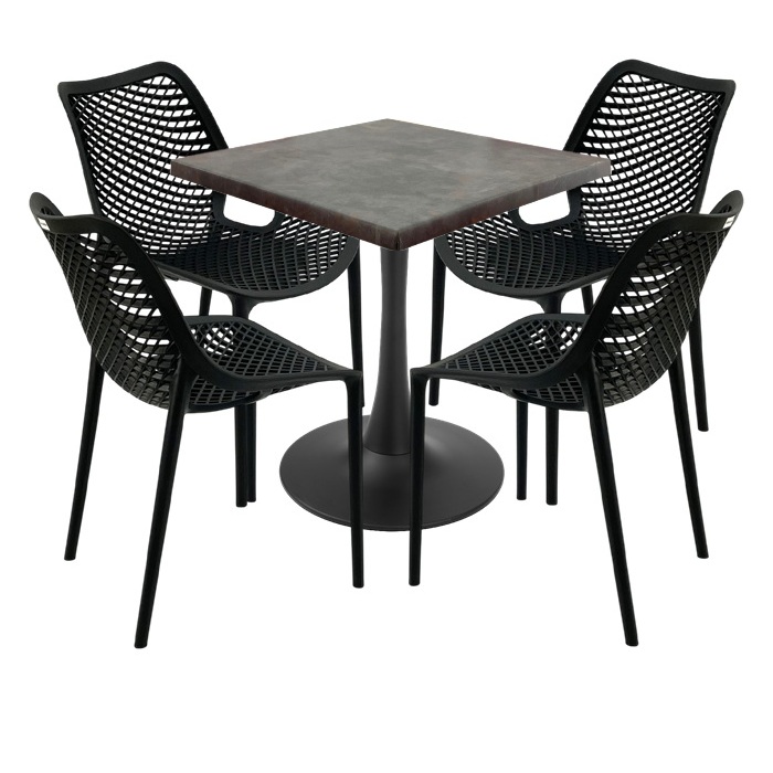 Set 4 scaune London Air negru suprapozabile cu masa patrata 70x70x74cm Raki MAPLE blat werzalit si picior cu baza rotunda,negru