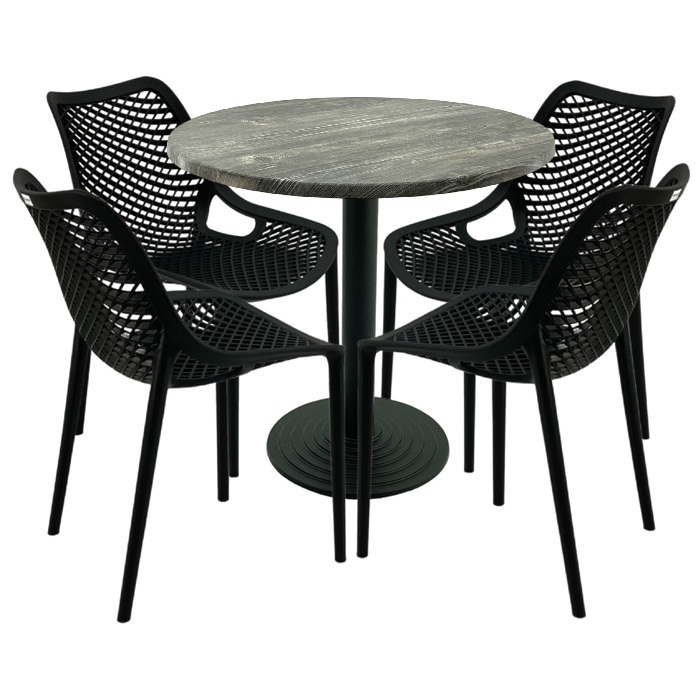 Set 4 scaune London Air negru suprapozabile cu masa rotunda 80x72cm Raki MAPLE blat werzalit si baza fonta 