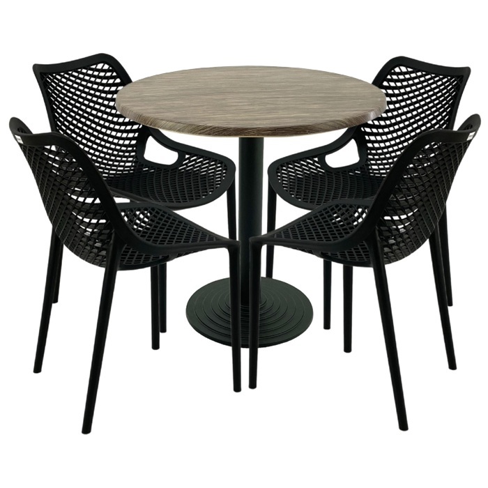 Set 4 scaune London Air negru suprapozabile cu masa rotunda 80x72cm Raki MAPLE blat werzalit si baza fonta 