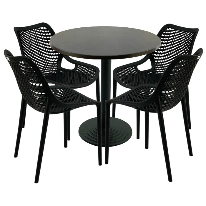Set 4 scaune London Air negru suprapozabile cu masa rotunda 80x72cm Raki MAPLE blat werzalit si baza fonta 